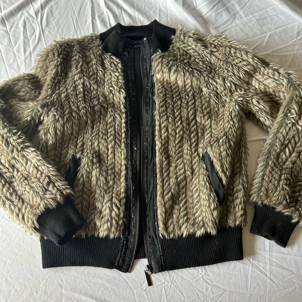 Vertigo Brown Faux Fur Jacket With Black Faux Leather Trim